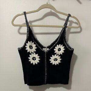 Pilcro Black Camisole with Cream Floral Accents